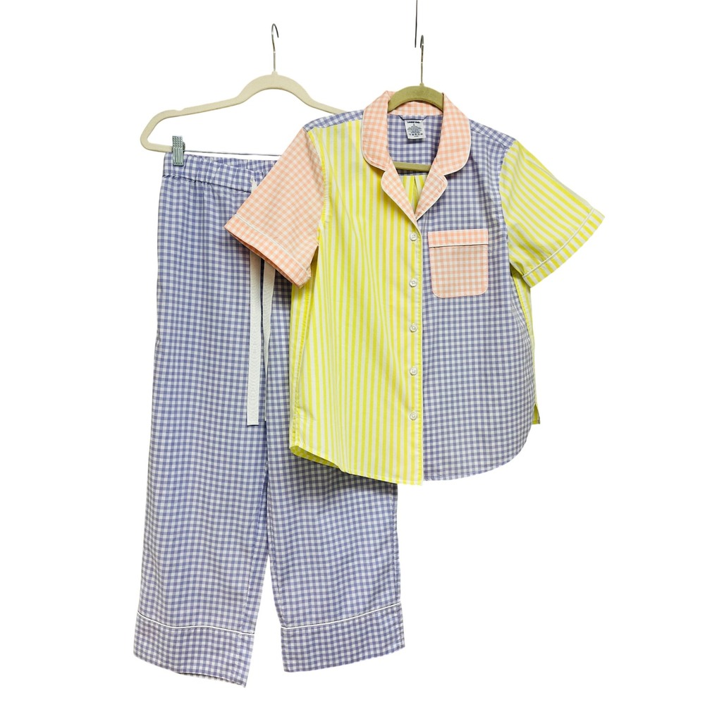 Lands' End Pajama Set S 6-8 Cotton Preppy Cottage Plaid Stripe Lounge Classic